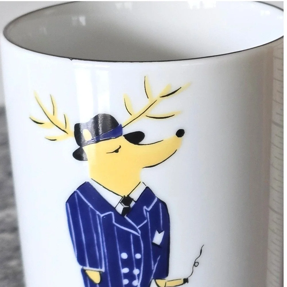 Pottery Barn Reindeer Donner Mug White Blue Holiday Christmas Made in‎ Japan